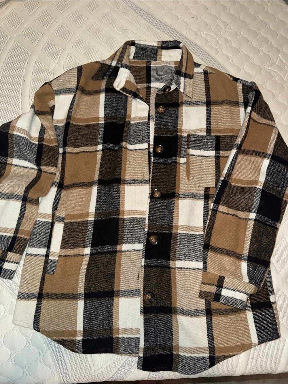 Plaid Button-Up Shacket in Camel, Black & Cream